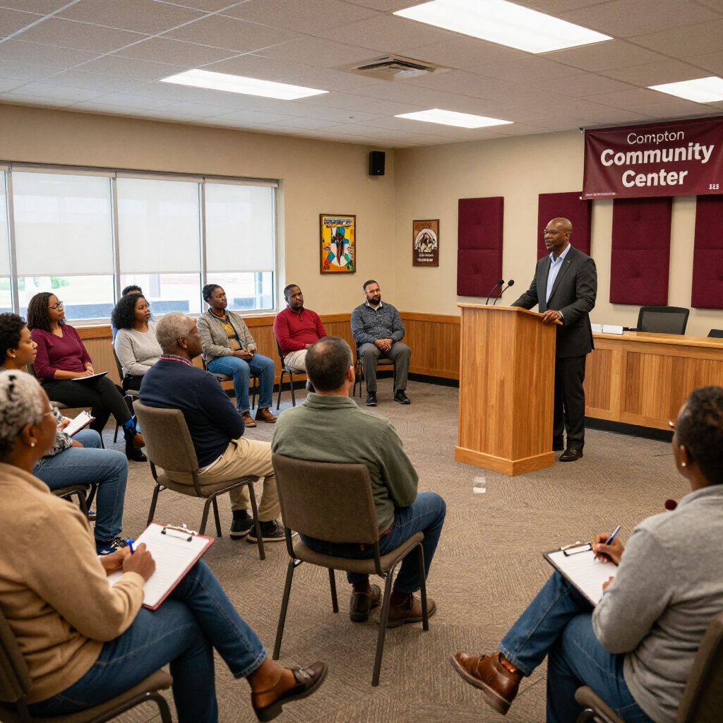 Man speaks at a podium in a community center; a group of people listen and take notes.