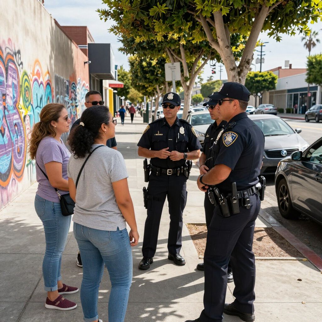 People talking to police officers on a sidewalk with a graffiti wall.