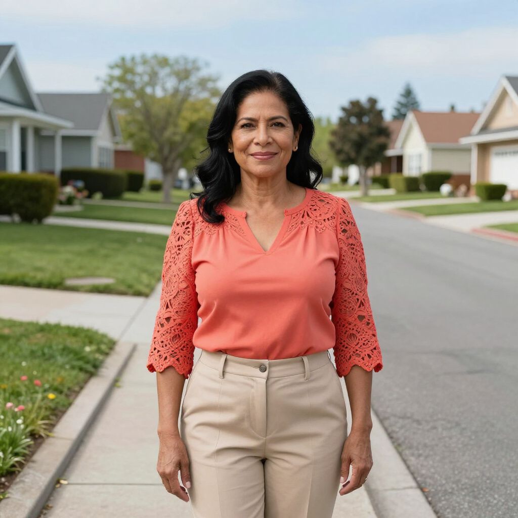 Woman in orange top and tan pants stands on a sidewalk in a suburban neighborhood.