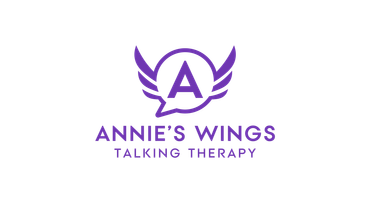 The logo for annie 's wings talking therapy has a speech bubble with wings on it.