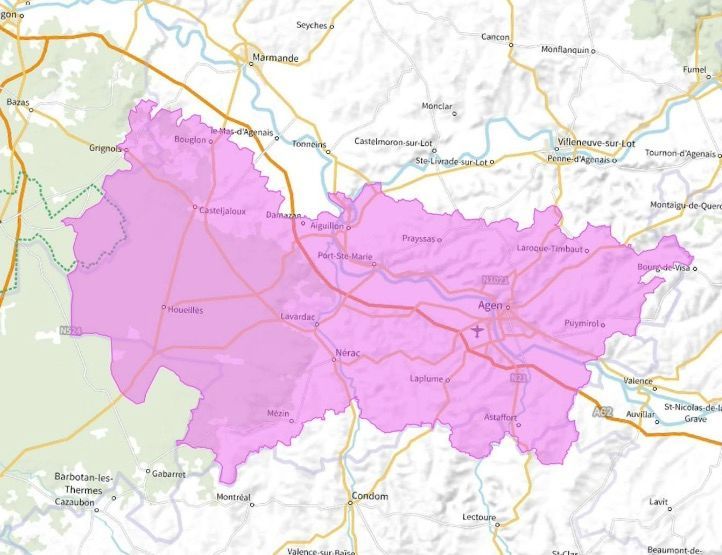 Carte de l'allotissement Agen local, Canal 9C - 206.352 MHz