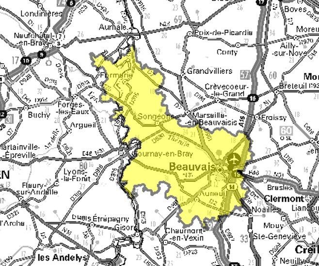 Carte de l'allotissement Beauvais local 1, Canal 7C - 192.352 MHz