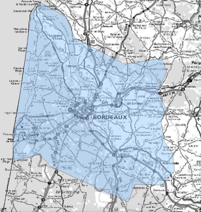 Carte de l'allotissement Bordeaux étendu, Canal 8C - 199.360 MHz