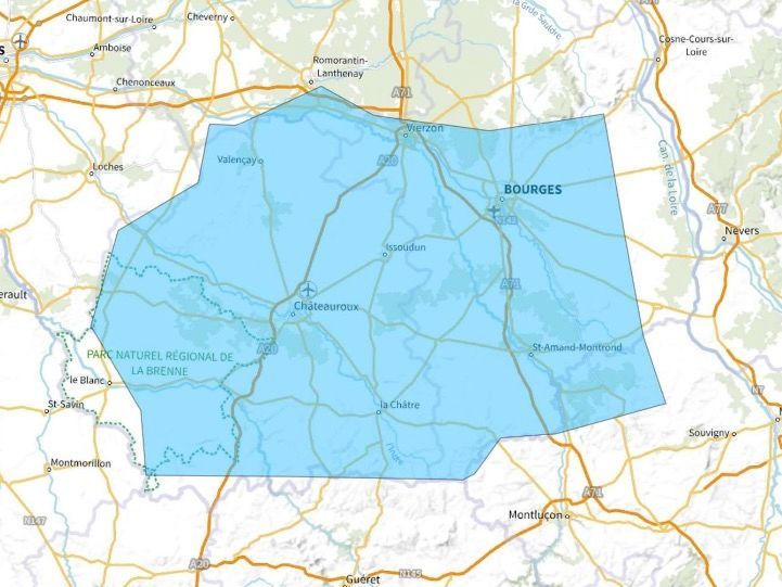 Carte de l'allotissement Bourges étendu, Canal 10C - 213.360 MHz