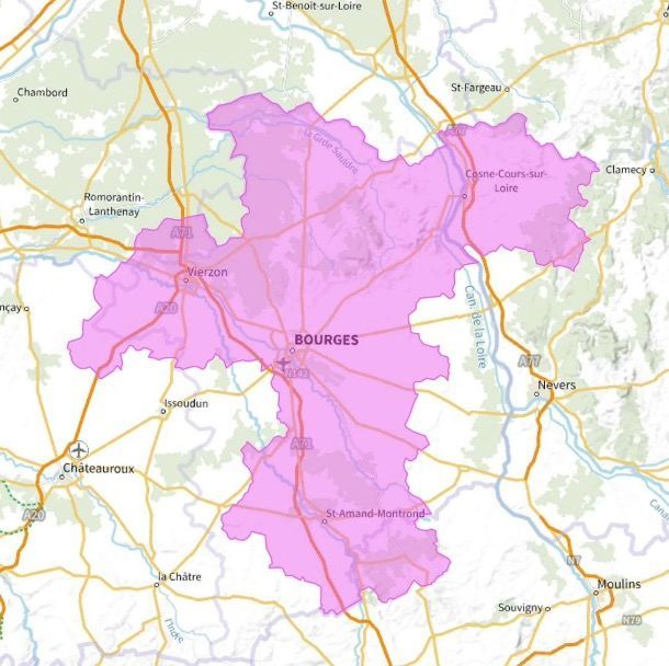 Carte de l'allotissement Bourges local, Canal 9A - 202.928 MHz