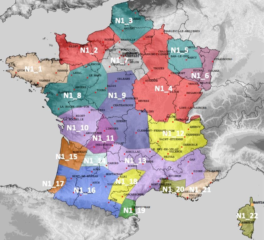 Carte du multiplex métropolitain M1, y compris l'allotissement N1_3, Canal 8B - 197.648 MHz