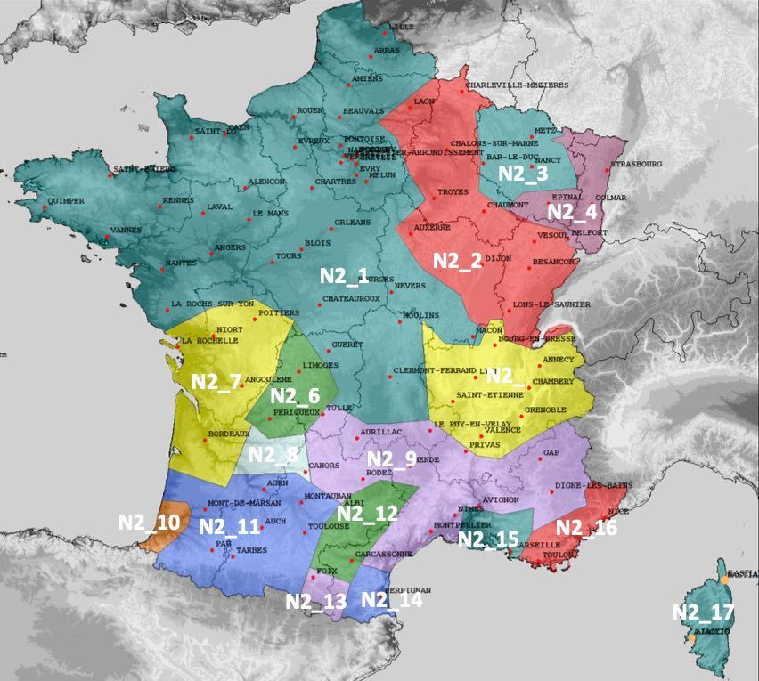 Carte du multiplex métropolitain M2, y compris l'allotissement N2_1, Canal 8C - 199.360 MHz