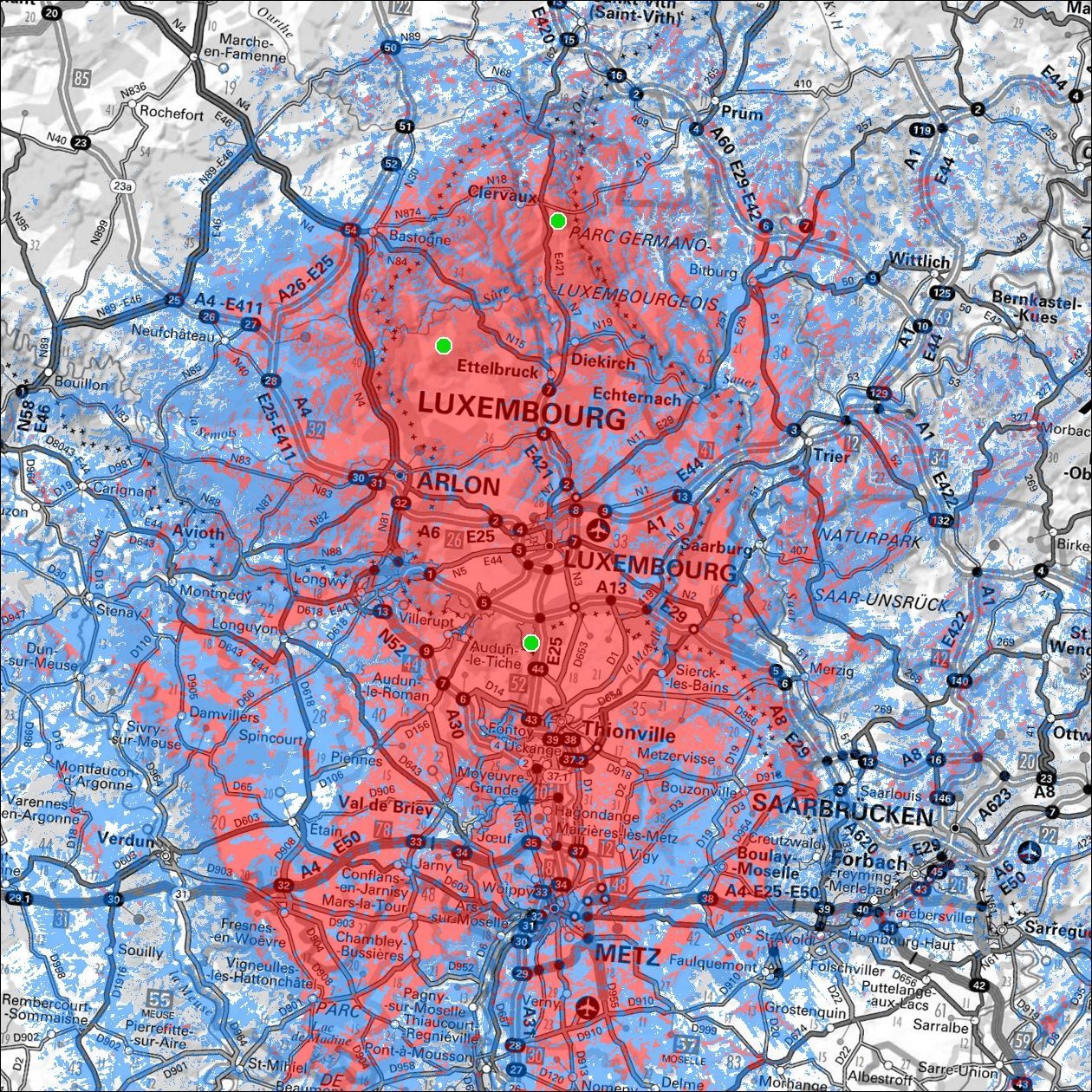 Carte de couverture du multiplex DAB+ national luxembourgeois. Image : BCE