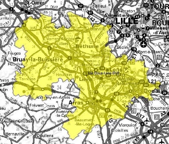 Carte de l'allotissement Béthune-Lens-Arras-Douai local 1, BLAD, Canal 11D - 222.064 MHz