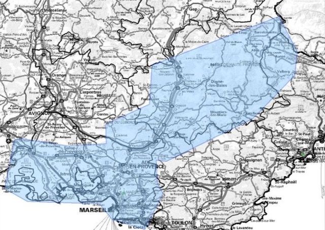 Carte de l'allotissement Marseille étendu, Canal 5B - 176.640 MHz