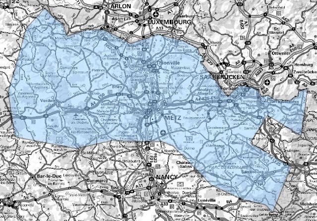 Carte de l'allotissement Metz étendu, Canal 8A - 195.936 MHz