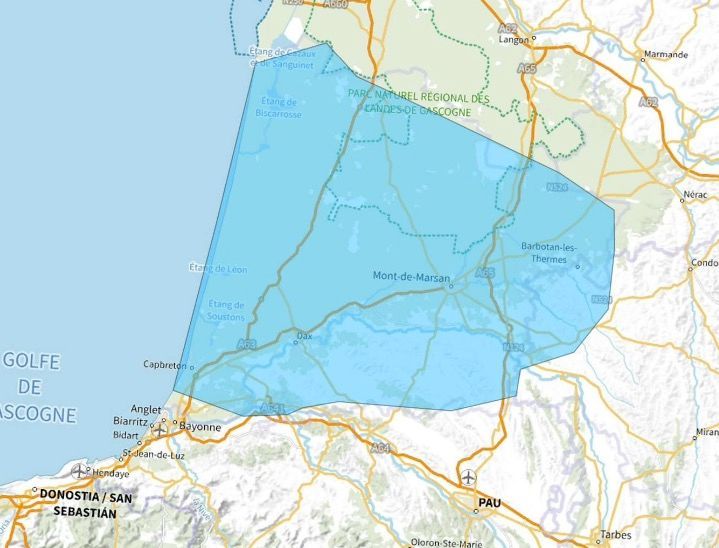 Carte de l'allotissement Mont-de-Marsan étendu, Canal 11D - 222.064 MHz