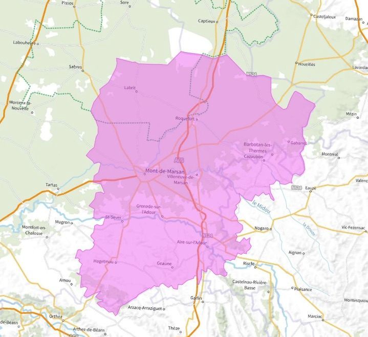 Carte de l'allotissement Mont-de-Marsan local 1, Canal 8A - 195.936 MHz