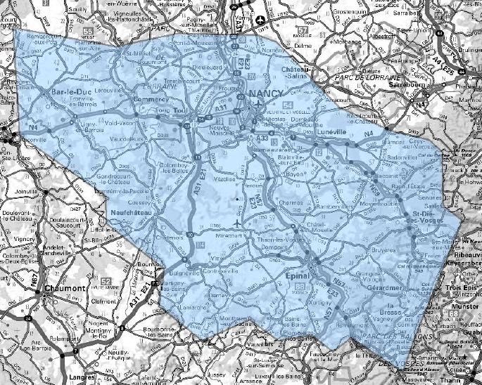 Carte de l'allotissement Nancy étendu-Nord, Canal 8D - 201.072 MHz et Nancy étendu-Sud, Canal 6A - 181.936 MHz