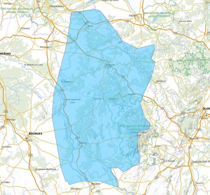 Carte de l'allotissement Nevers étendu, Canal 5D - 180.064 MHz