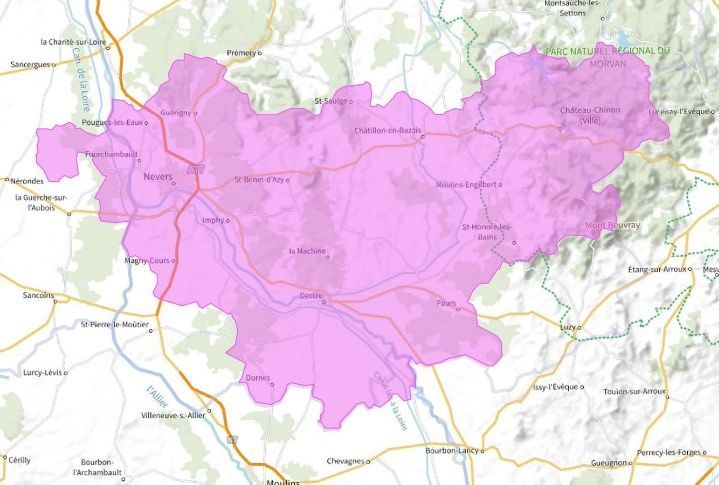 Carte de l'allotissement Nevers local 1, Canal 11C - 220.352 MHz