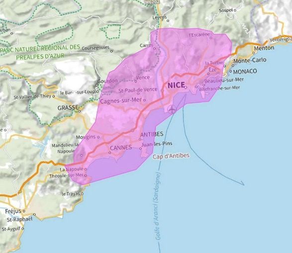 Carte de l'allotissement Nice local 2, Canal 9D - 208.064 MHz