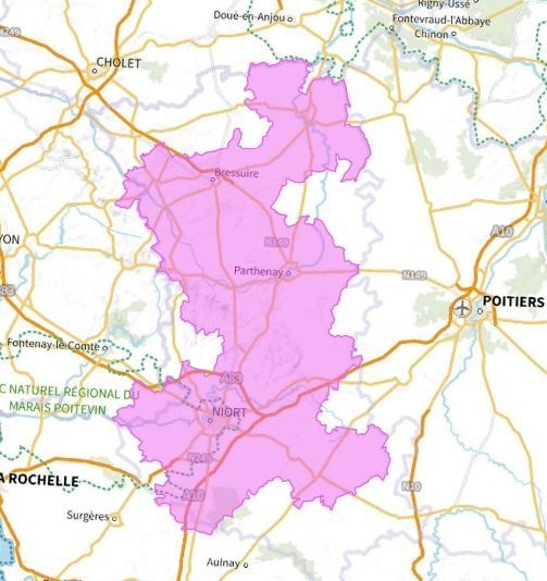 Carte de l'allotissement Niort local 1, Canal 7A, fréquence DAB+ : 188.928 MHz