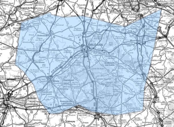 Carte de l'allotissement Orléans étendu, Canal 10A - 209.936 MHz