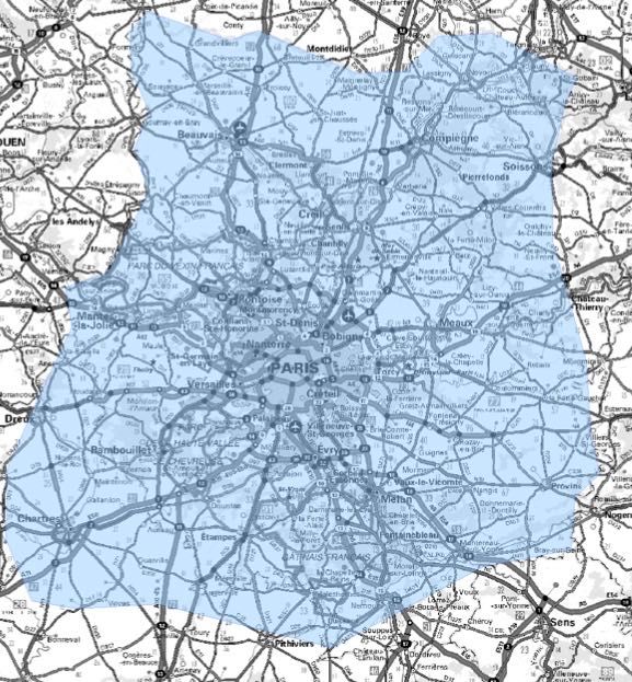 Carte de l'allotissement Paris étendu, Canal 11B - 218.640 MHz