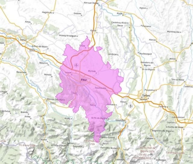 Carte de l'allotissement Pau local 1, Canal 9A - 202.928 MHz
