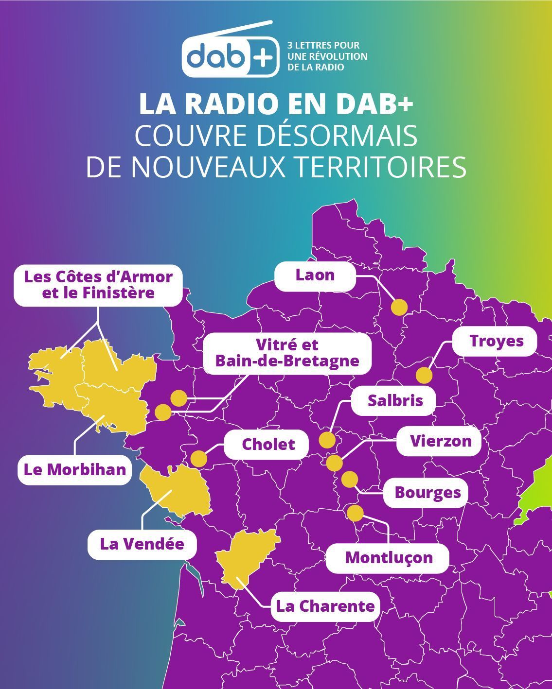 La radio en DAB+ couvre désormais de nouveaux territoires: Les Côtes d'Armor, le Finistère, le Morbihan, Vitré et Bain-de-Bretagne, La Vendée, Cholet, La Charente, Montluçon, Bourges, Vierzon, Salbris, Troyes, Laon. Crédit image : Ensemble pour le DAB+