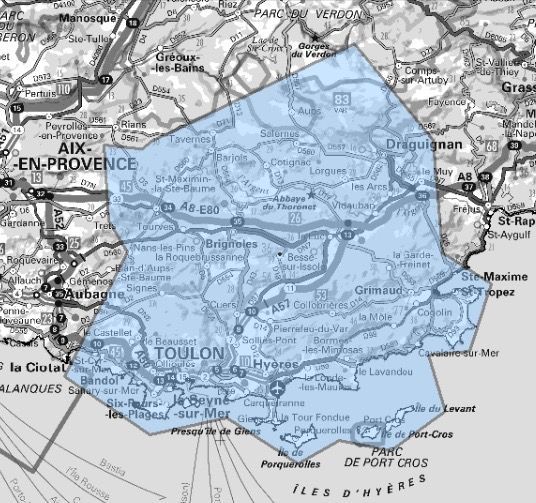 Carte de l'allotissement Toulon étendu, Canal 9A - 202.928 MHz