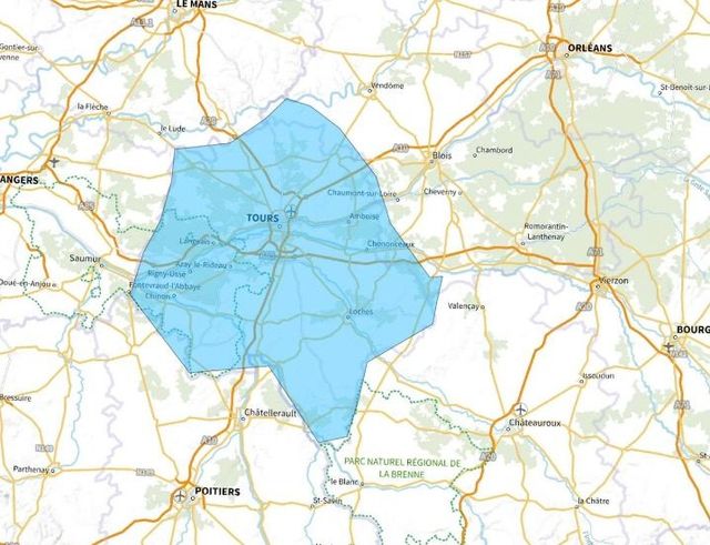 Carte de l'allotissement Tours étendu, Canal 6C - 185.360 MHz