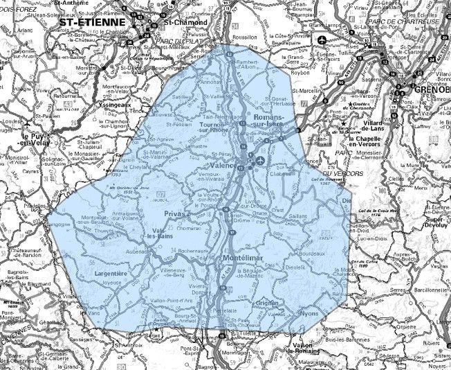 Carte de l'allotissement Valence étendu, Canal 9A - 202.928 MHz