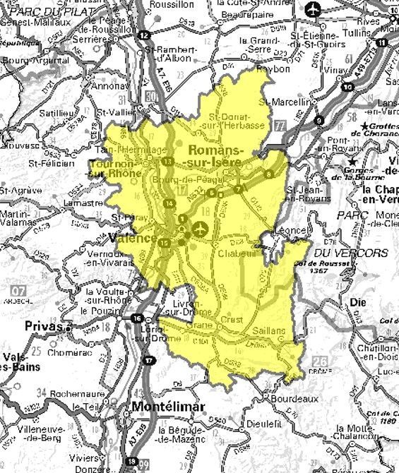 Carte de l'allotissement Valence local 1, Canal 12A - 223.936 MHz