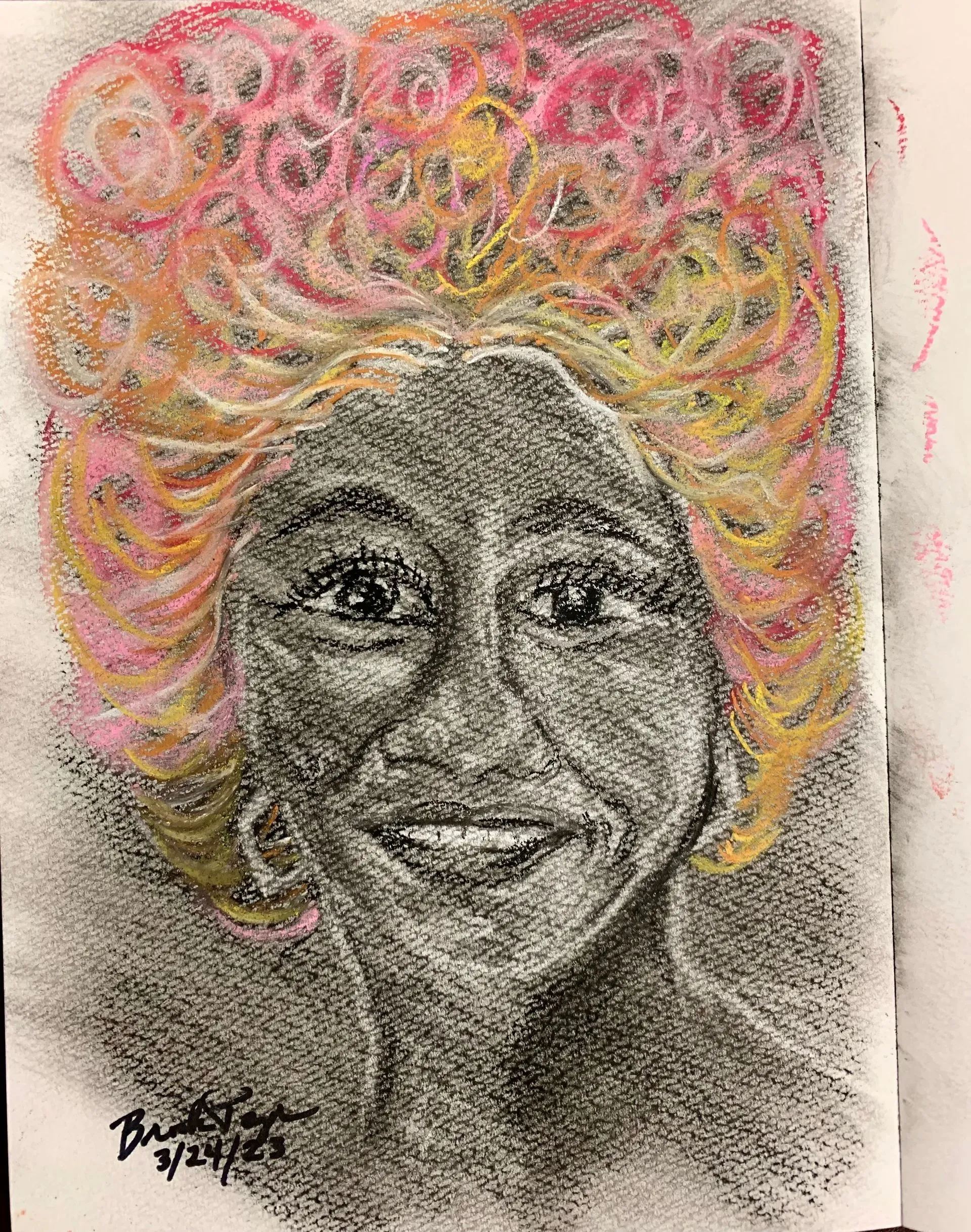 Charcoal drawing of a smiling woman with curly pink and yellow hair. Signed, dated