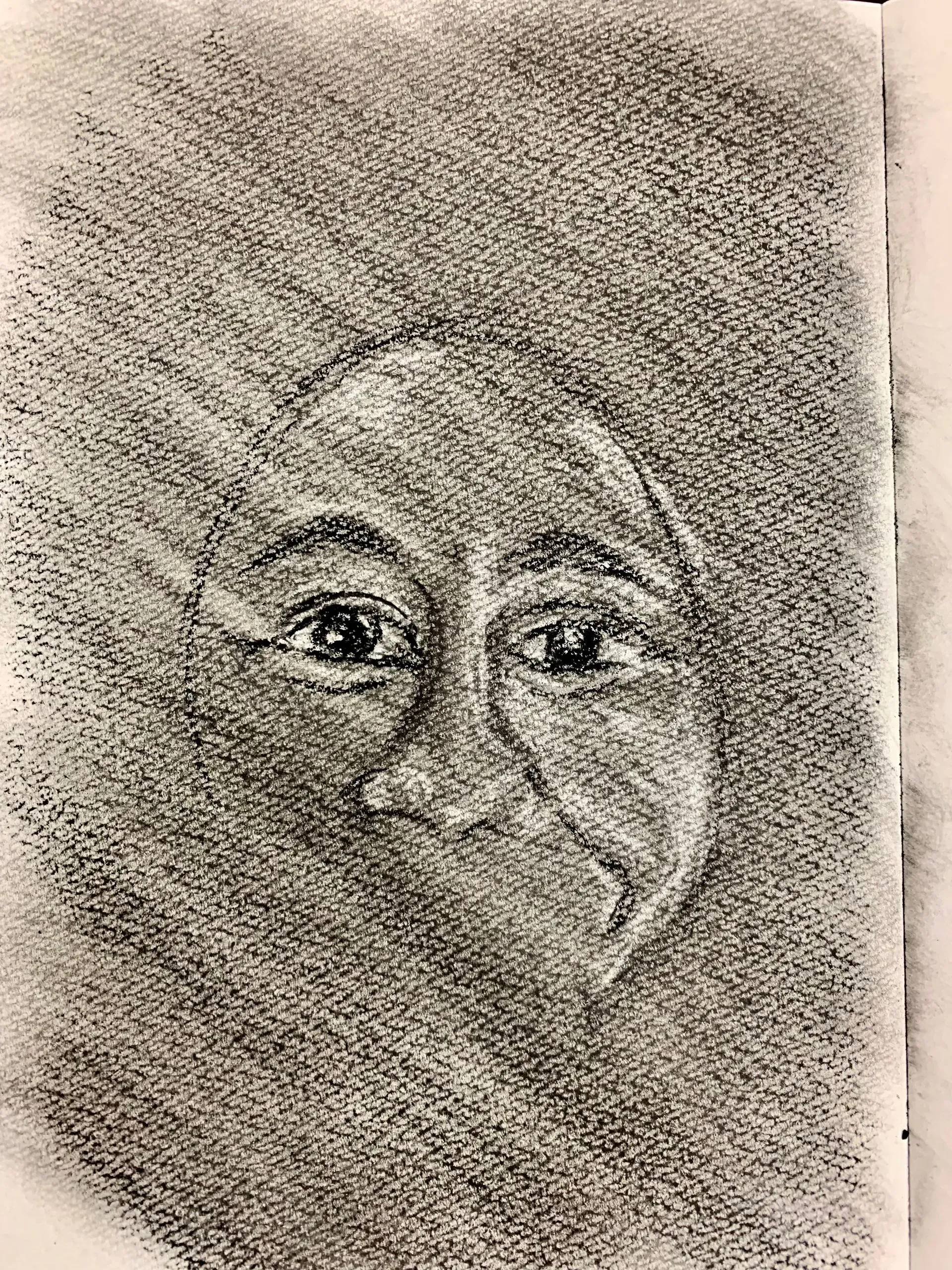 Charcoal portrait of a smiling Black woman with dark hair and hoop earrings.