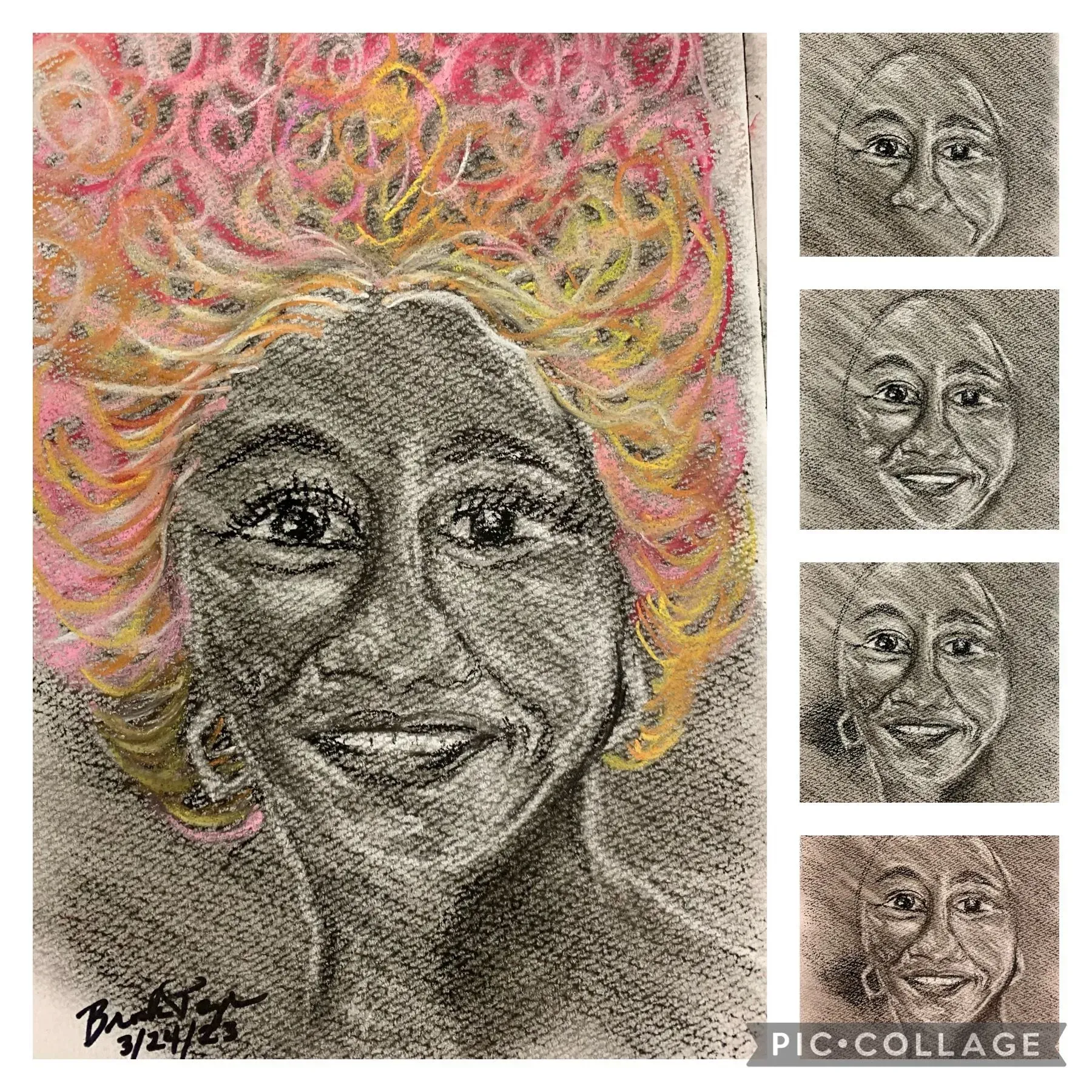 Portrait of a smiling Black woman with pink and yellow hair; small sketches of her face are displayed to the right.