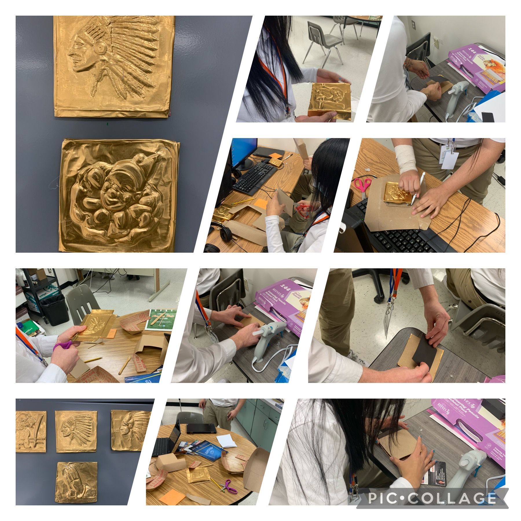 Students gold leafing textured squares with various designs in a workshop setting.