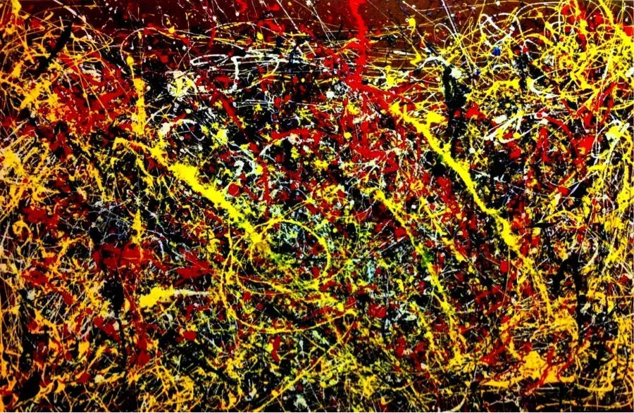 Abstract painting with red, yellow, white, and black paint splatters on a dark background.