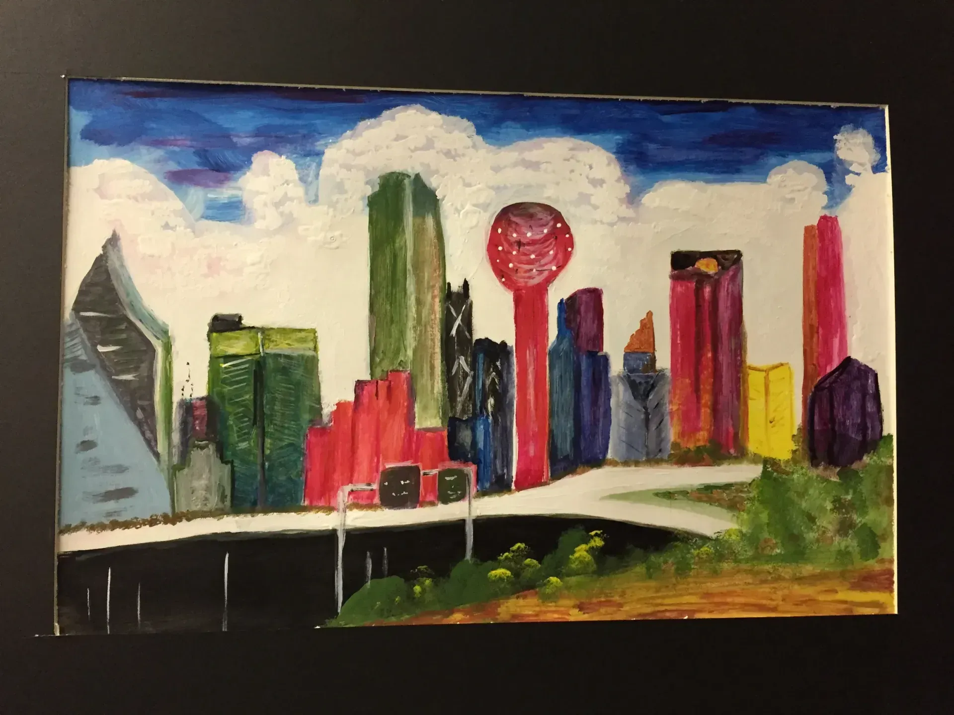 Colorful painting of a city skyline, including Reunion Tower, with a bridge and blue sky.