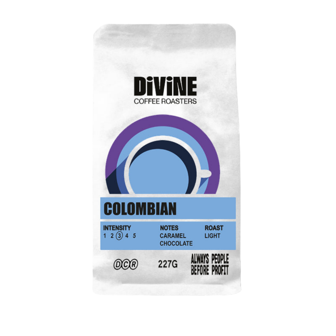 Divine Coffee Roasters: Fully washed single origin Colombian with rich flavour notes of chocolate and caramel, perfect with milk. Excellent weather patterns influenced by the Colombian stretch of the Andes help to craft this incredible bean. 
Despite the smooth caramel flavours making Colombian seem better for cafetiere and espresso coffee, it actually works exceptionally well as V60 and Chemex as well. The Colombian is the most popular bean to drink at home amongst the staff!
