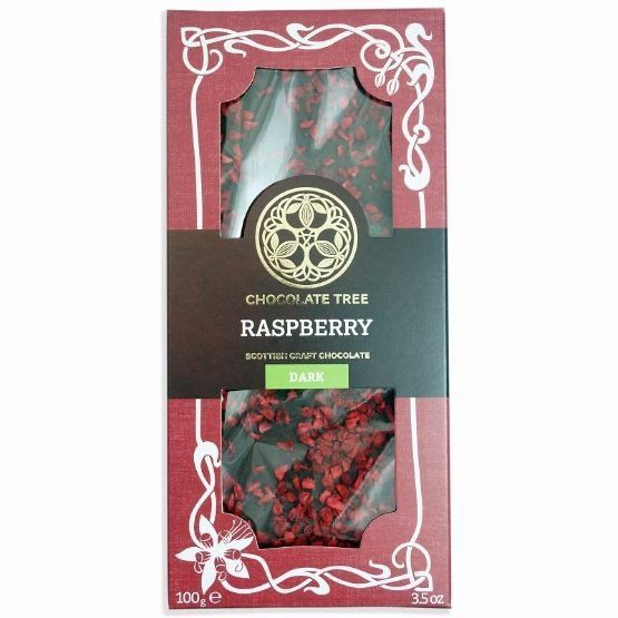Chocolate Tree -Dark chocolate with Raspberry - Organic dark chocolate generously topped with raspberry pieces.