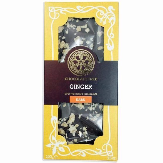 Dark organic chocolate blended with ginger spice and topped with pieces of organic crystallised ginger.