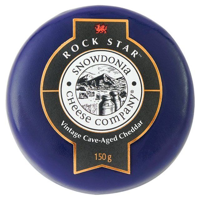 Aged deep underground within Welsh slate caves in the heart of Snowdonia, Rock Star is encased in bespoke cobalt-coloured wax to celebrate the rocks of the historical mines where it is aged. The time spent underground gives the cheese a deeper flavour and denser texture, alongside a rich and savoury aroma. On the palate, Snowdonia says complex umami flavours and sweet caramel notes lead to a long finish with a savoury tang.