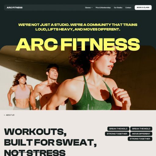 People running in a gym, ARC FITNESS branding in yellow, green background.