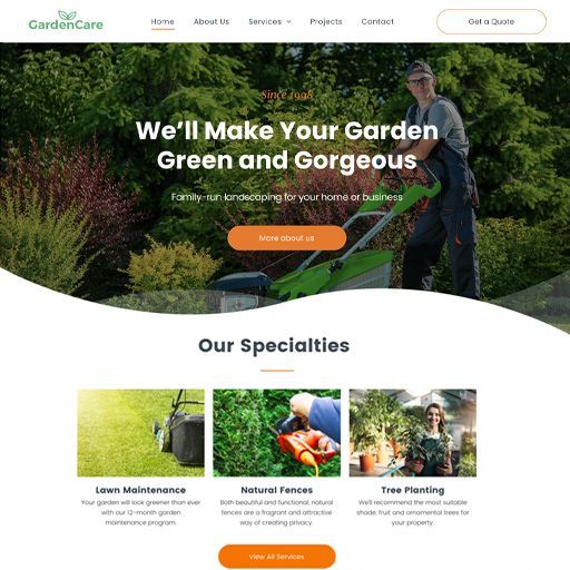 Landing page for GardenCare: Man mowing lawn, showcasing landscaping services.