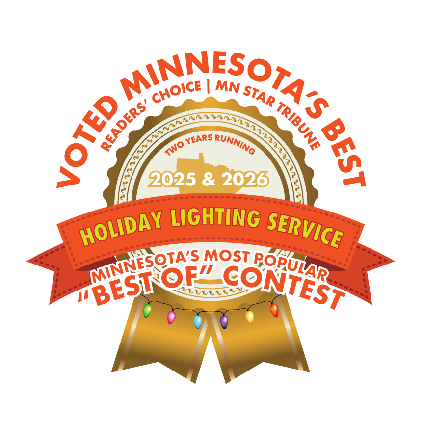 Award badge: Voted Minnesota's Best Holiday Lighting Service. 2025, red banner, gold seal with Minnesota outline.