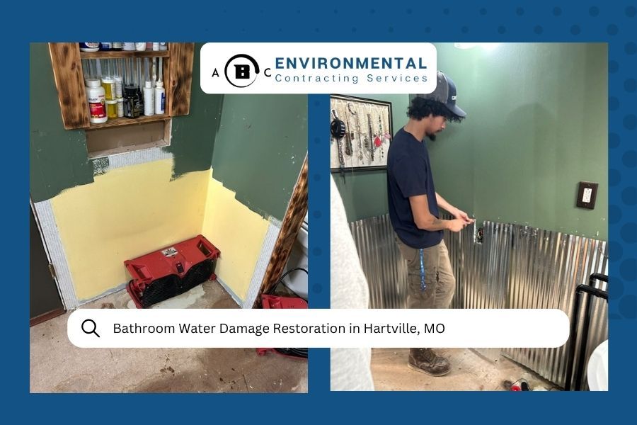 A split-screen showing a technician repairing water-damaged walls in a bathroom for ABC Environmental Contracting Services.