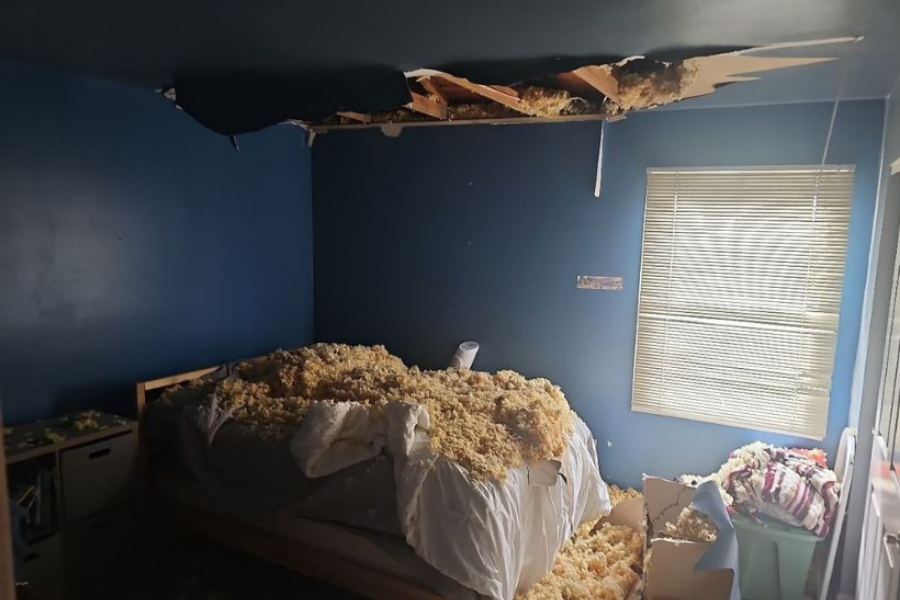 Collapsed ceiling after storm damage