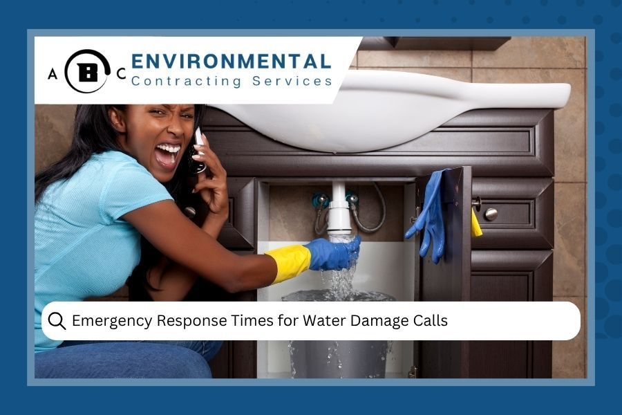 A distressed person on a phone holds a bucket under a leaking bathroom sink beneath an ABC Environmental Contracting logo.