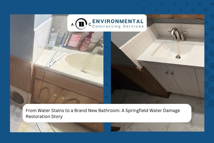 Bathroom before and after restoration. Water damage turns into new white cabinet and sink.