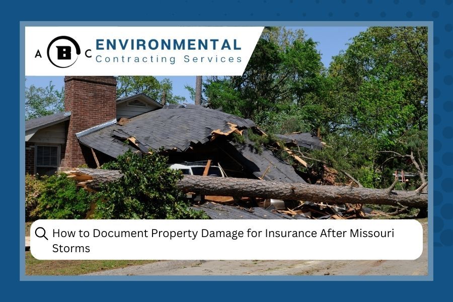 House with storm damage and a tree laying on the roof. Text: 