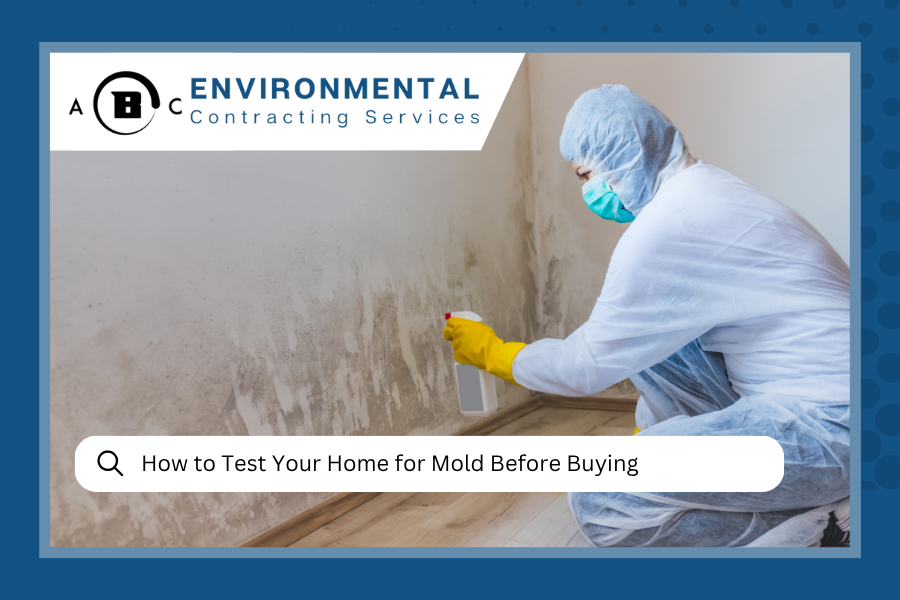 Person in protective gear sprays a mold-infested wall. Logo: ABC Environmental Contracting Services. Title: How to Test Your Home for Mold Before Buying.