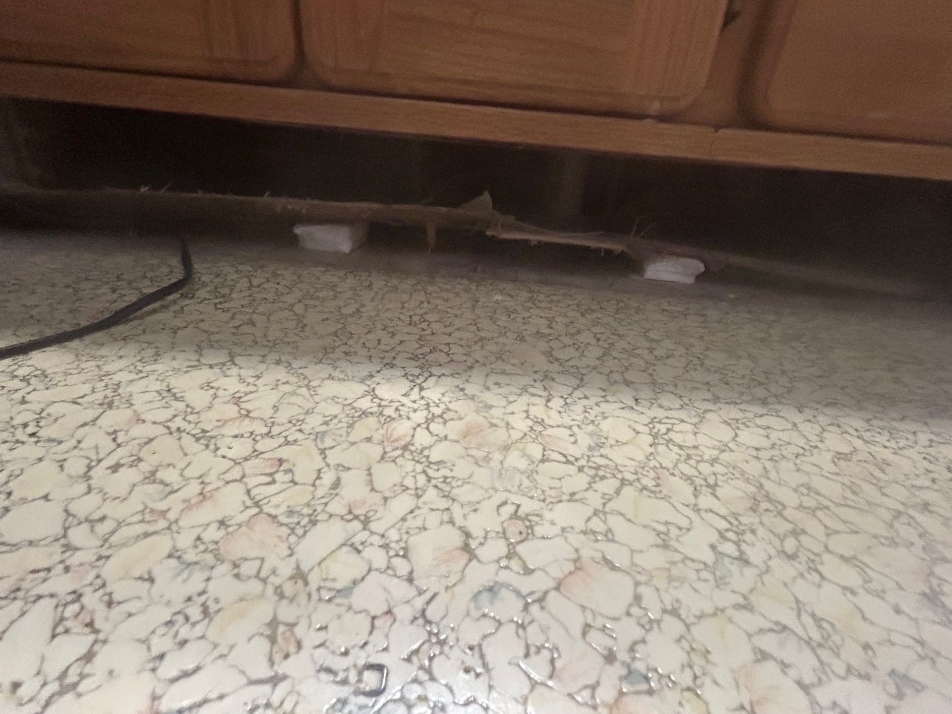 Water damage discovered under the bathroom vanity cabinet